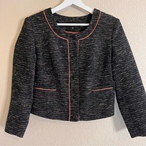 J Peterman Cropped Black with Pink Trim Tweed Blazer Size 4
